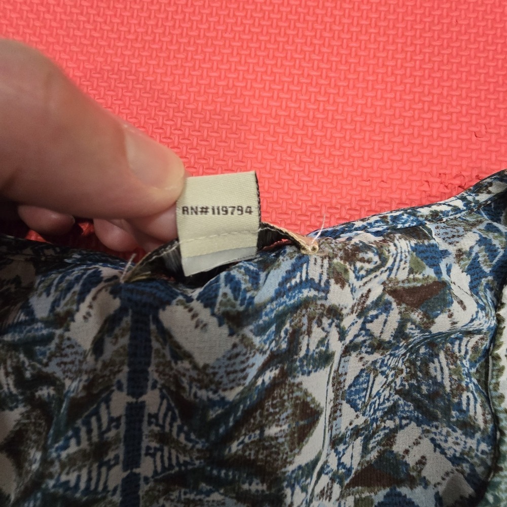 One World Women XL Top Blue Green Geometric Print V-Neck Sheer Boho Peasant... - Picture 6 of 9